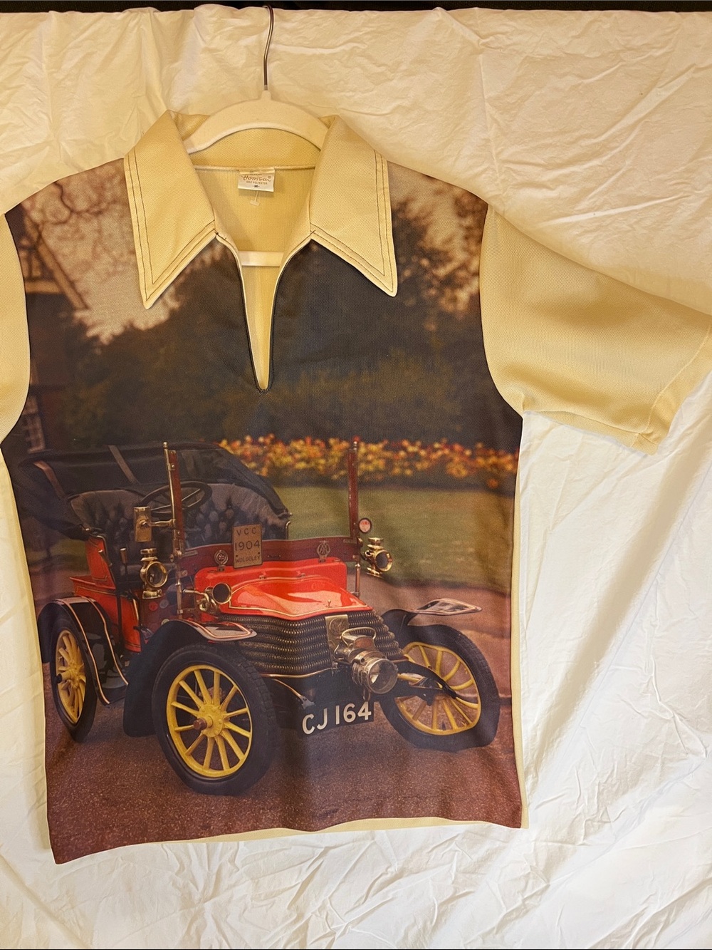 Cream Polo Shirt with Red Vintage Car Print